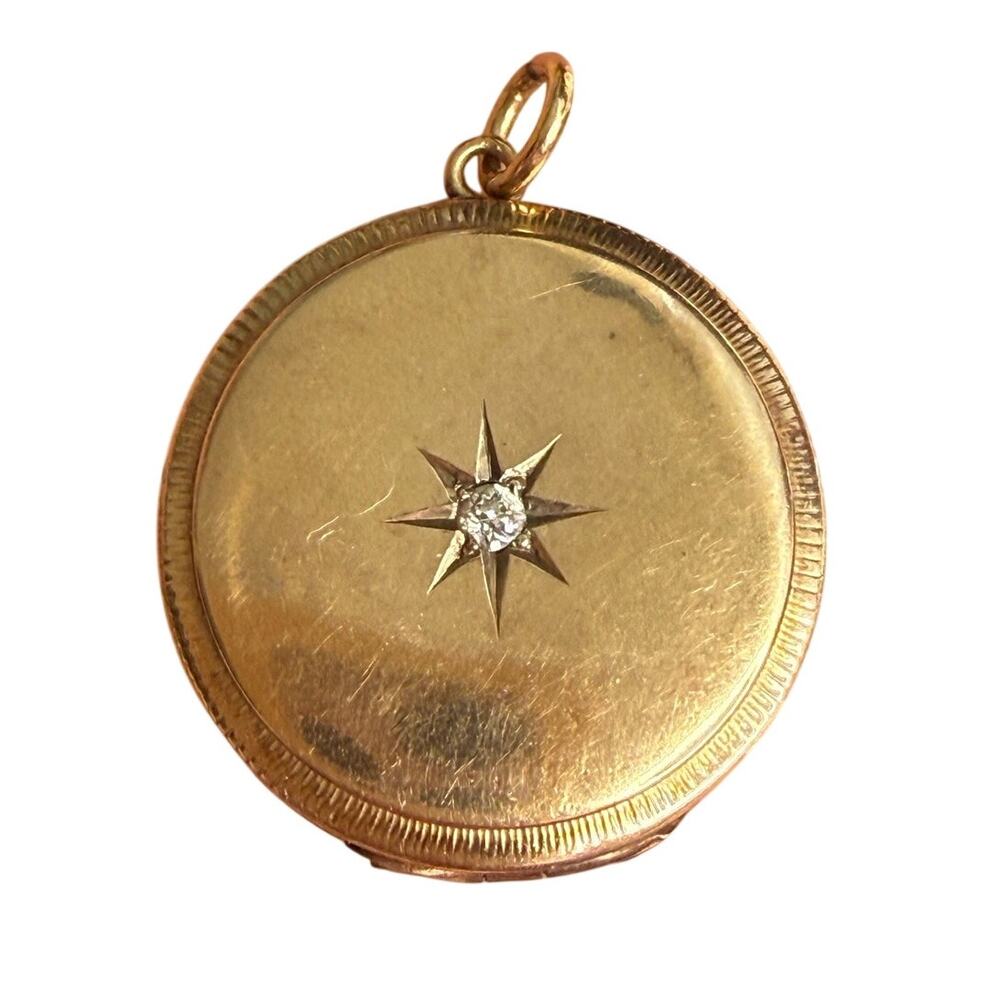 Edwardian Solid 14K Gold Diamond Starburst Photo Locket Pendant Antique 4,2g